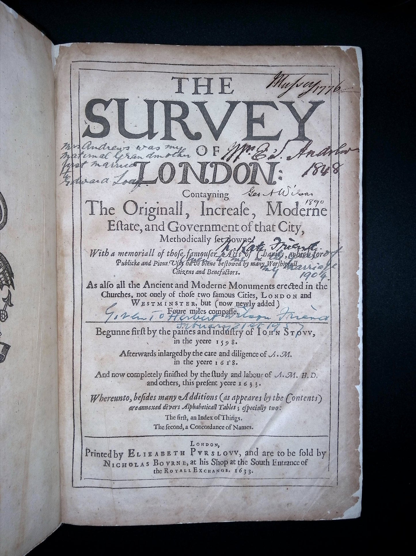 The Survey of London: Containing the Original, Increase, Modern Estate, and Government of that City, Methodically Set Down with a Memorial of those Famouser Acts of Charity, which for Public and Pious We Have Been  Bestowed by...etc.